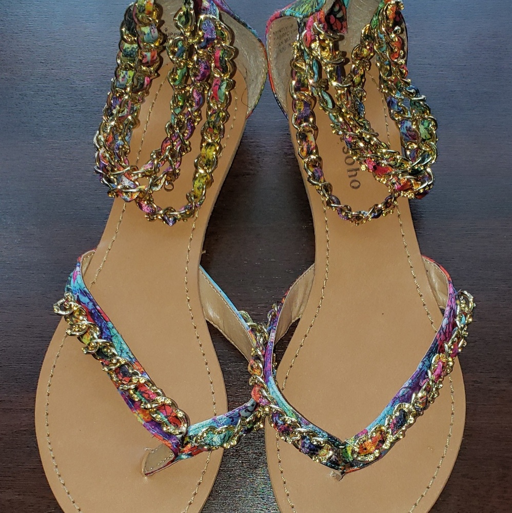 Womens multi colored gold chain flat sandals